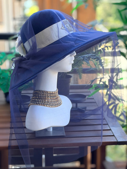 Royal Blue Merino Wide Brim with Removable French Tulle Veil