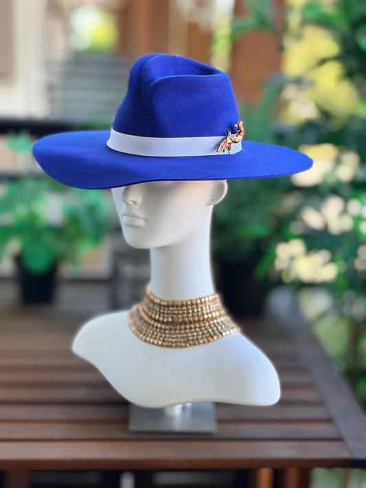 Royal Blue Wide Brim Felt Fedora with Bird of Paradise Brooch