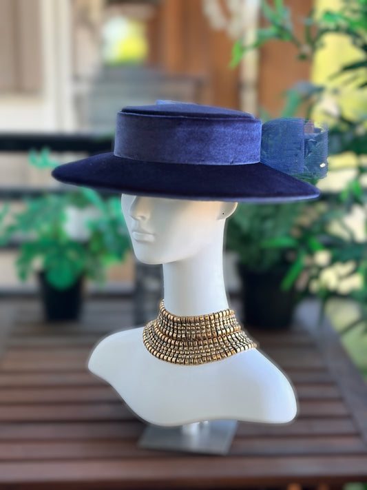 Hand Stitched Navy Velvet Boater with Crinoline Double Bow