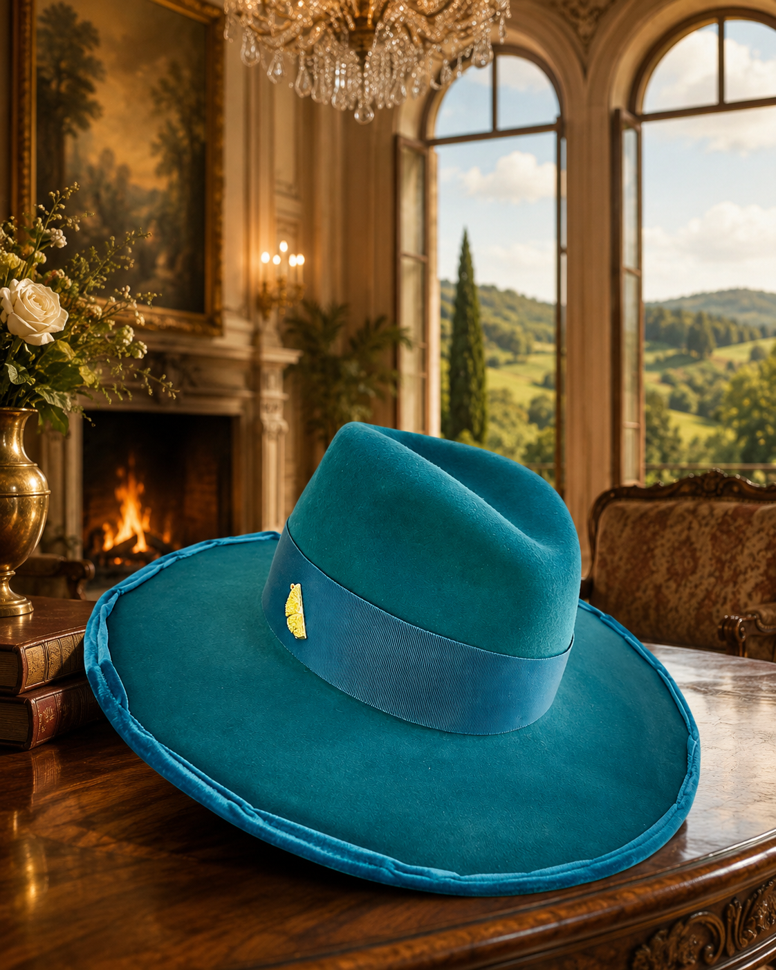 Teal Velvet Wide Brim with Lime Wedge Brooch