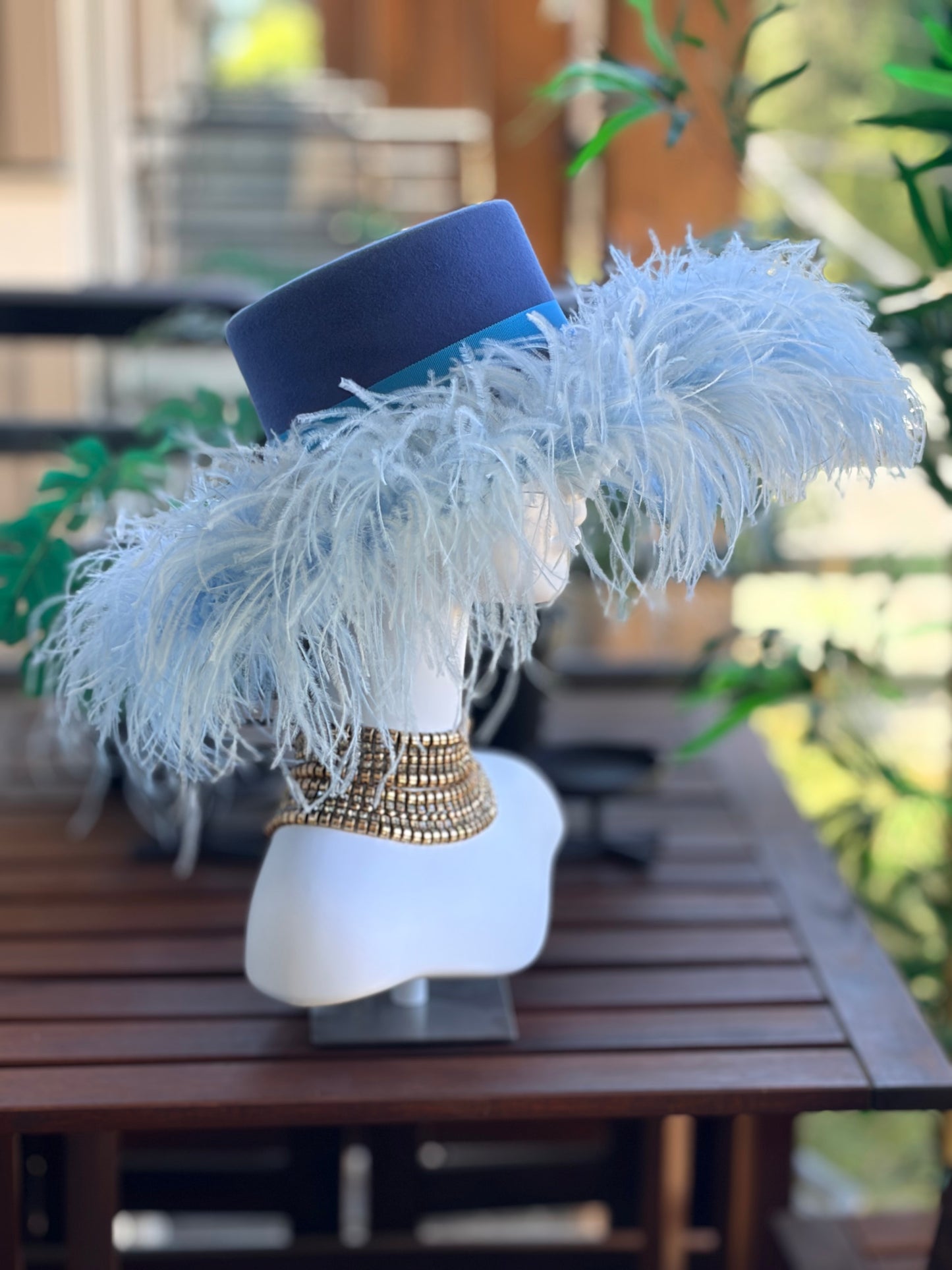French Blue Pillbox with Wide Sweeping Brim with Baby Blue Ostrich Feather