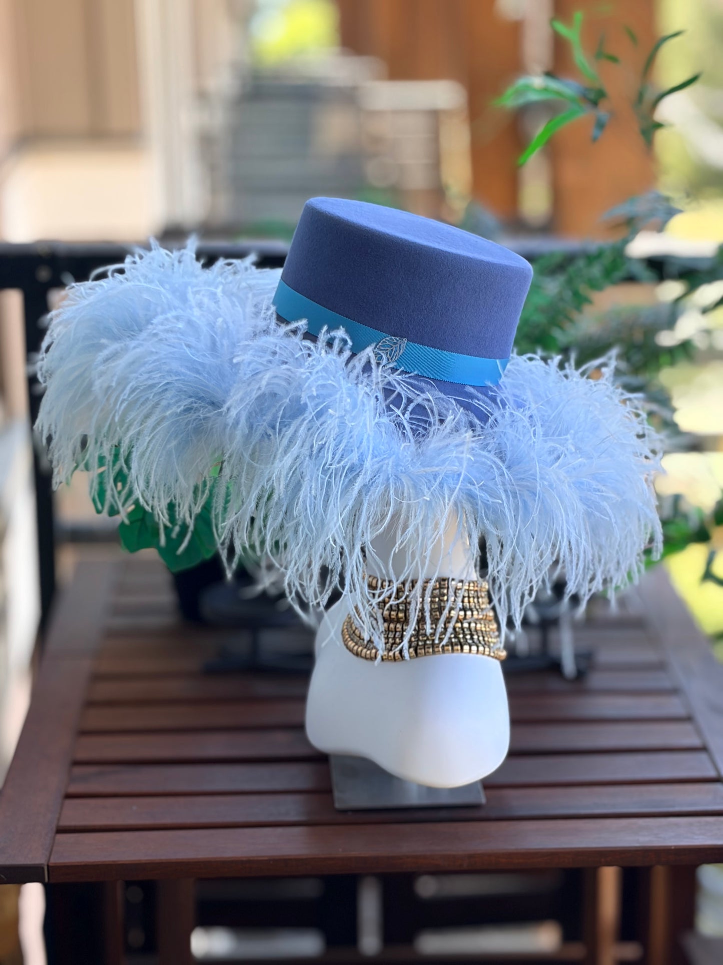 French Blue Pillbox with Wide Sweeping Brim with Baby Blue Ostrich Feather