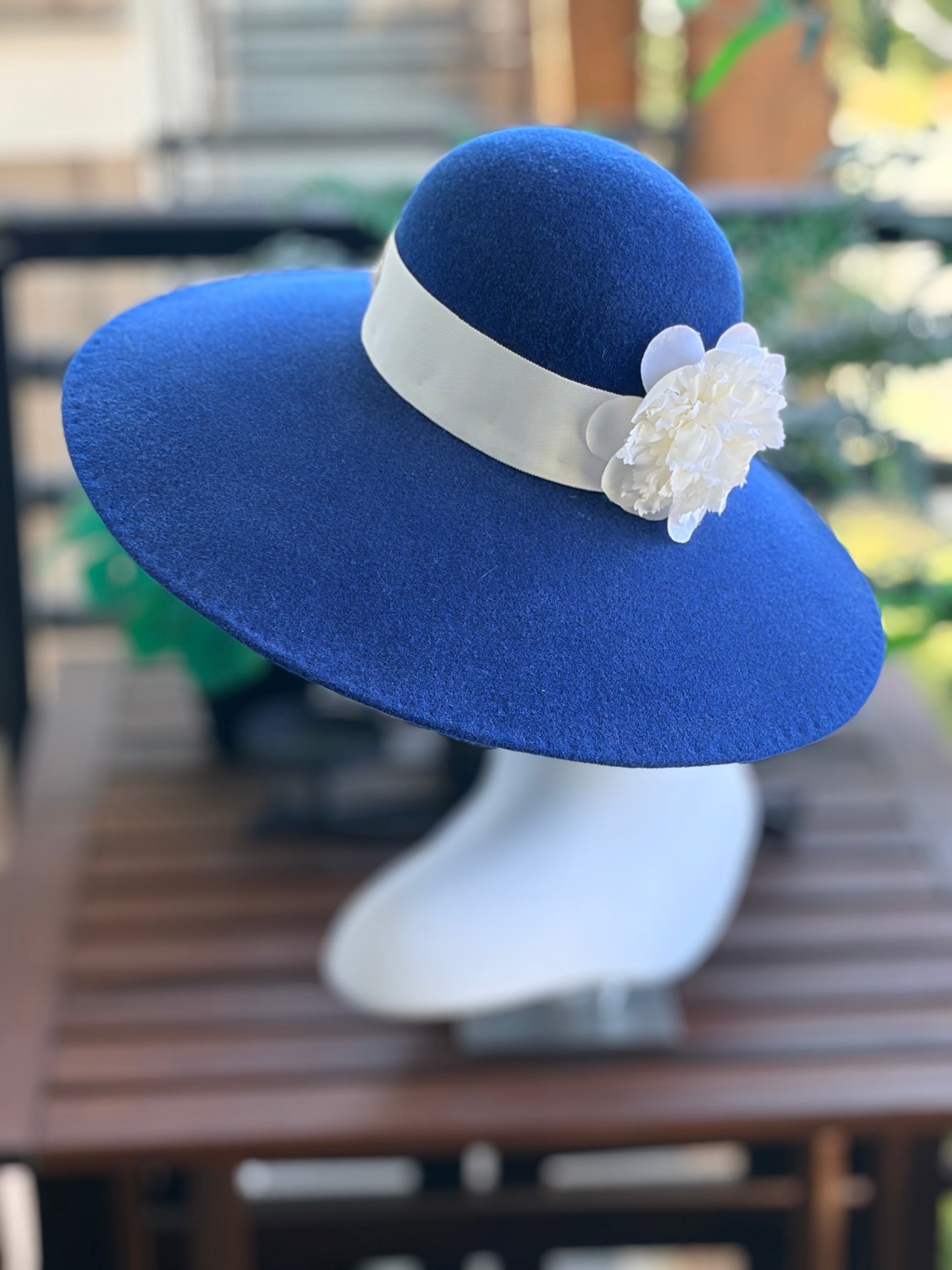 Royal Blue Merino Wide Brim with Removable French Tulle Veil
