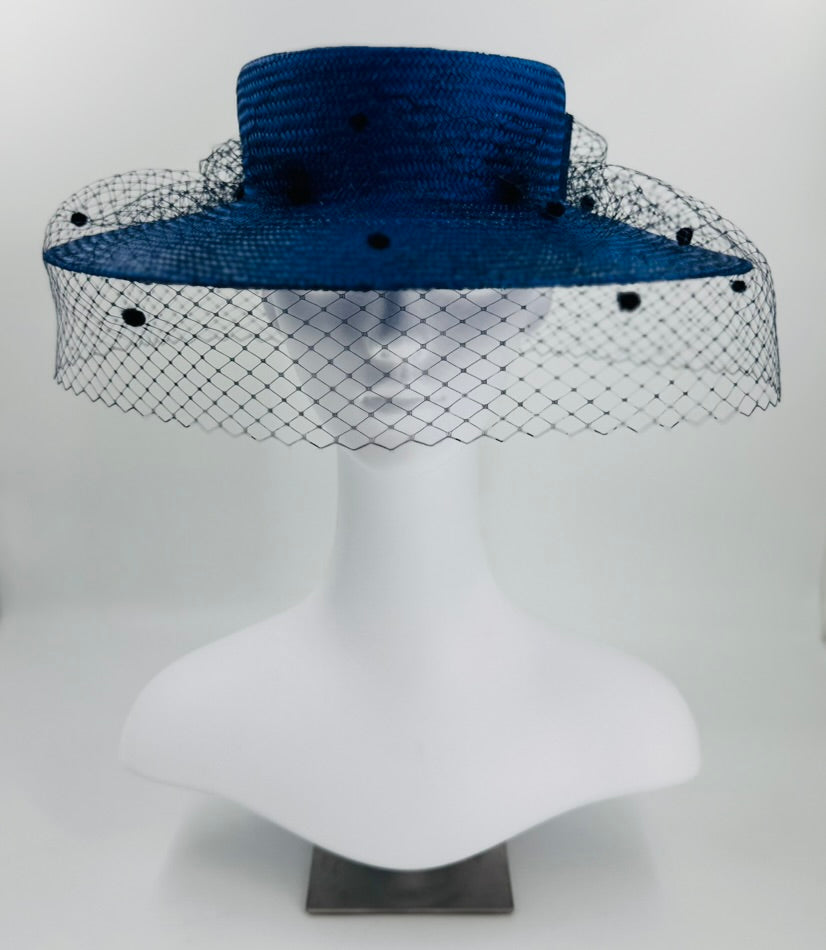 Navy Straw Boater with Spotted Veil