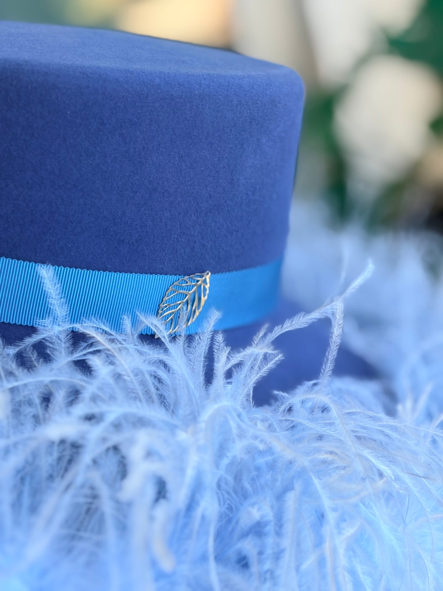 French Blue Pillbox with Wide Sweeping Brim with Baby Blue Ostrich Feather