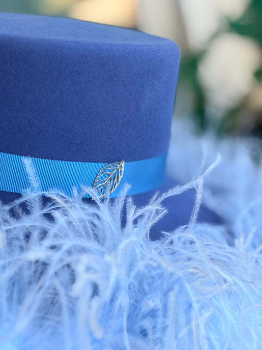 French Blue Pillbox with Wide Sweeping Brim with Baby Blue Ostrich Feather