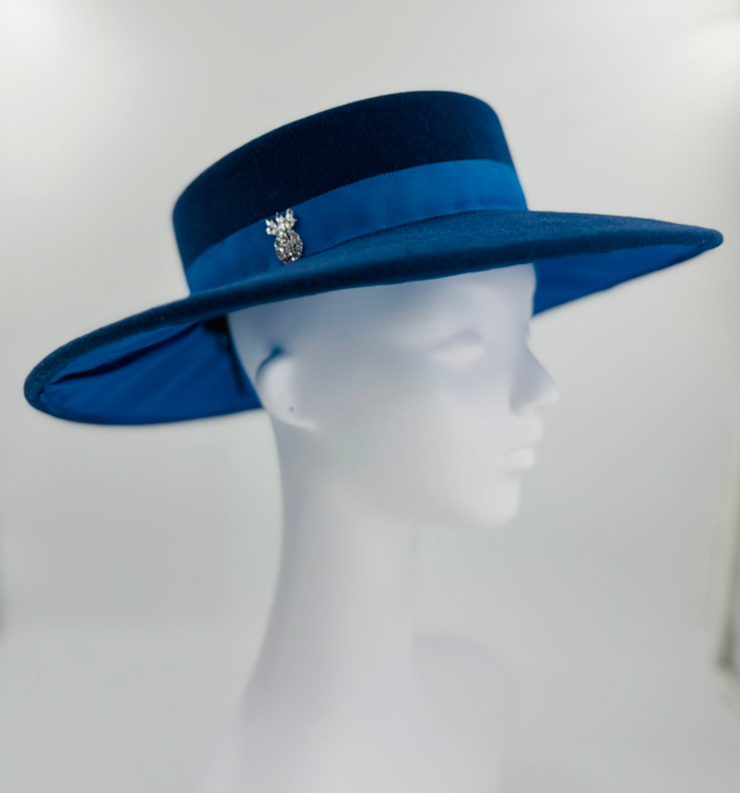 Navy Boater with Cerulean Silk hand stitched underlay with Crystal Pineapple Pin
