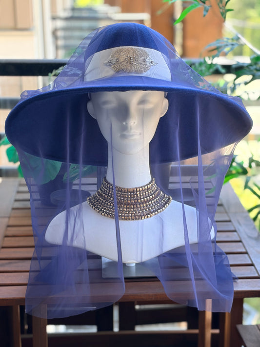 Royal Blue Merino Wide Brim with Removable French Tulle Veil