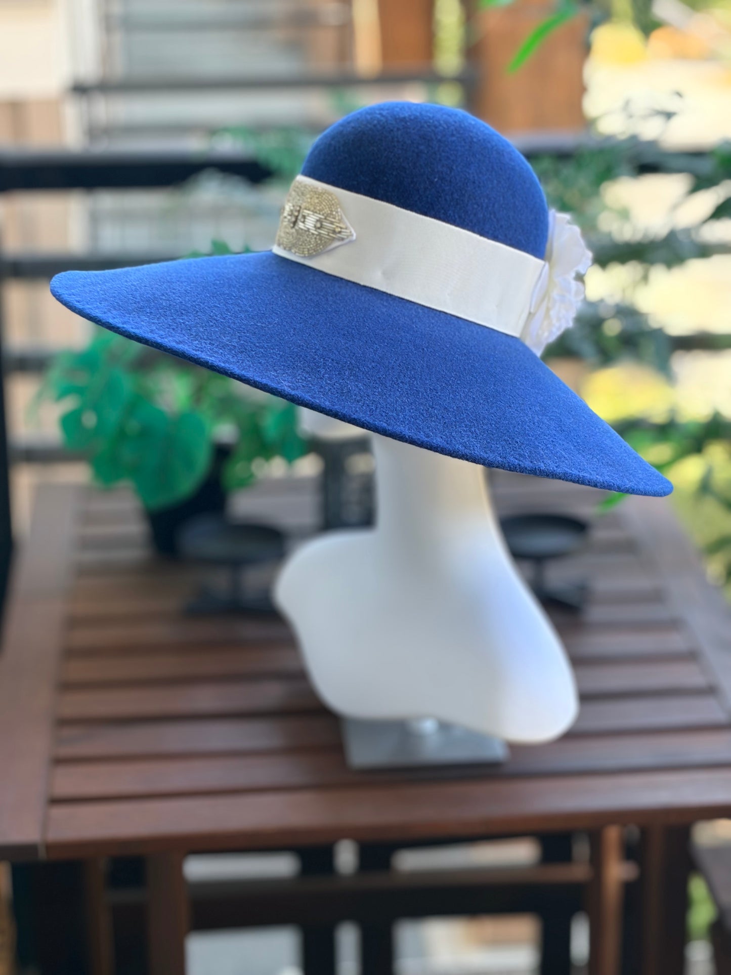 Royal Blue Merino Wide Brim with Removable French Tulle Veil