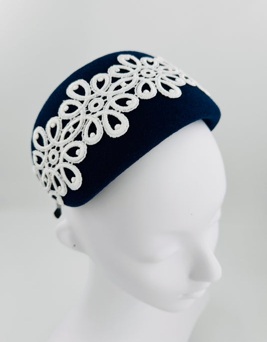 Navy wool felt bolero headband with white lace appliqué