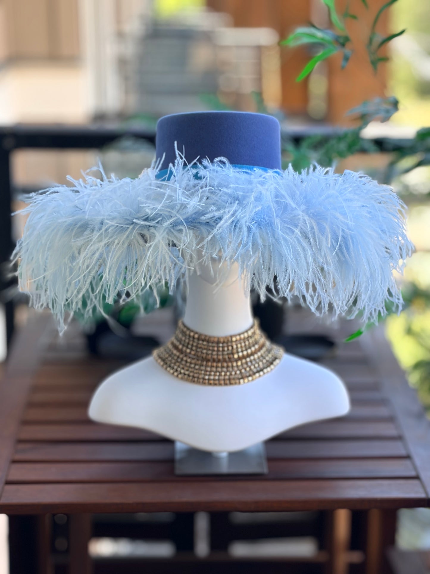French Blue Pillbox with Wide Sweeping Brim with Baby Blue Ostrich Feather