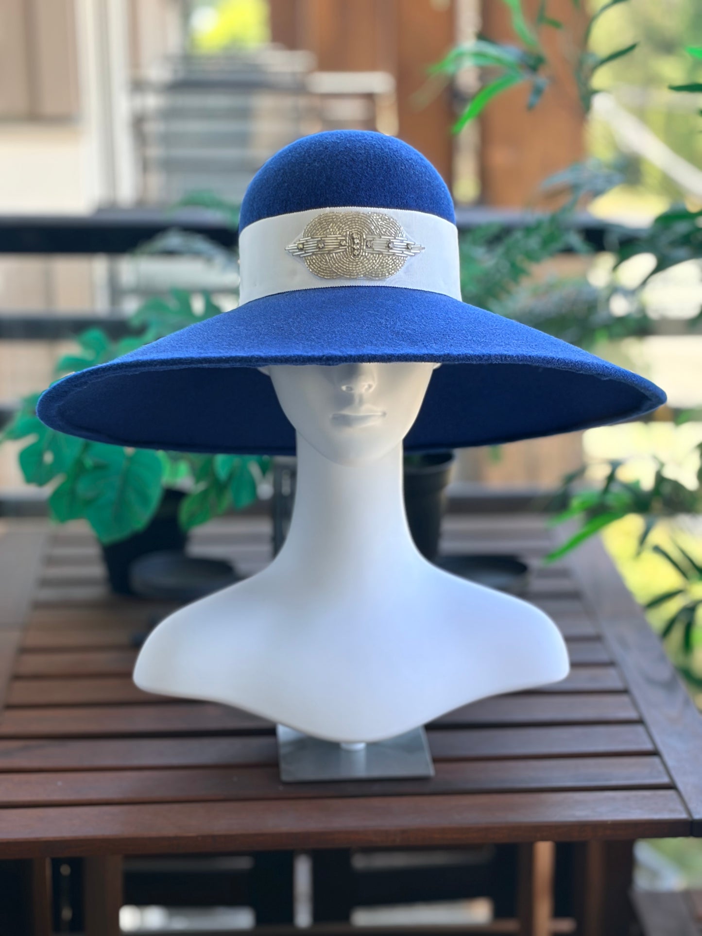 Royal Blue Merino Wide Brim with Removable French Tulle Veil