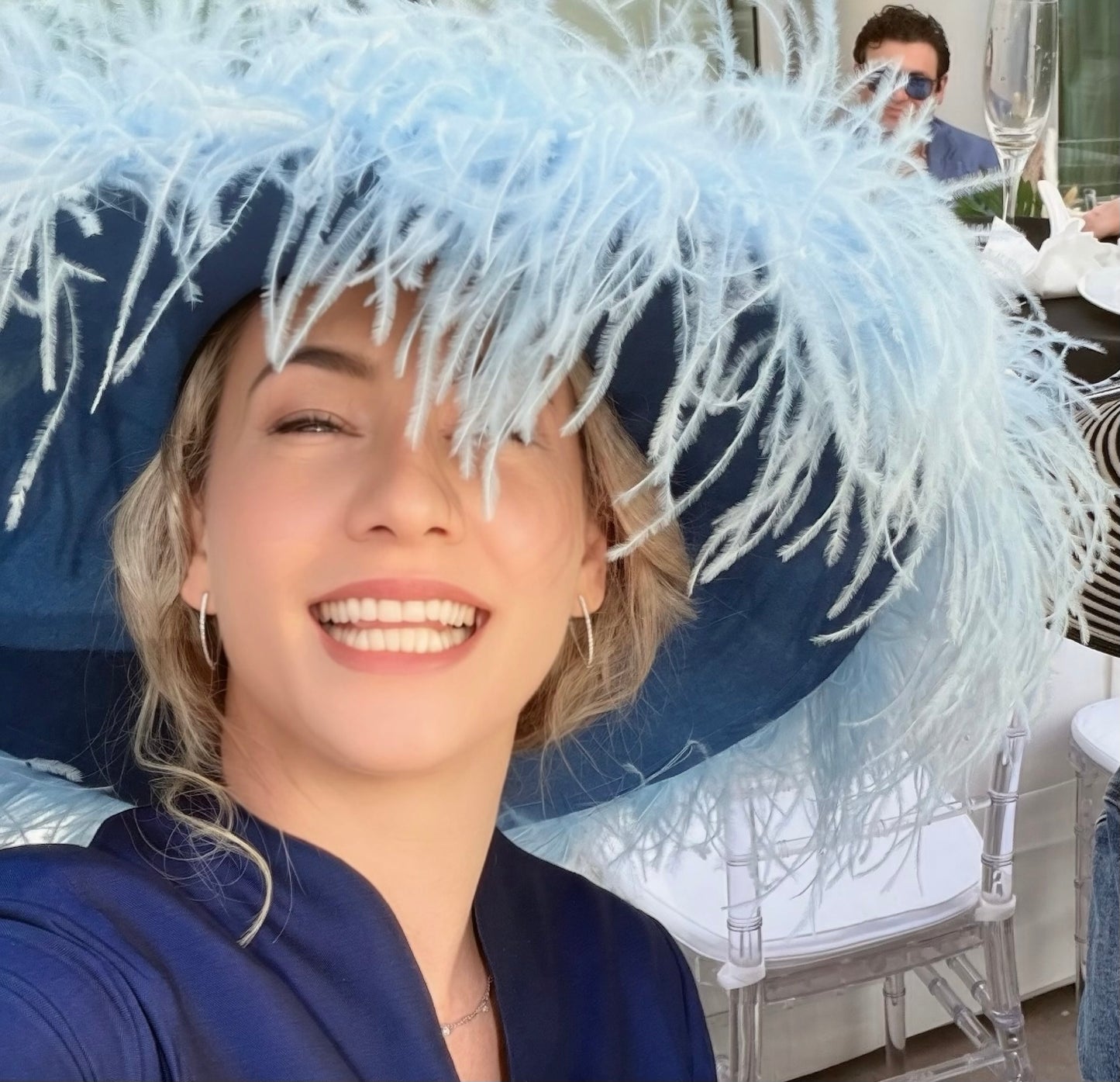 French Blue Pillbox with Wide Sweeping Brim with Baby Blue Ostrich Feather