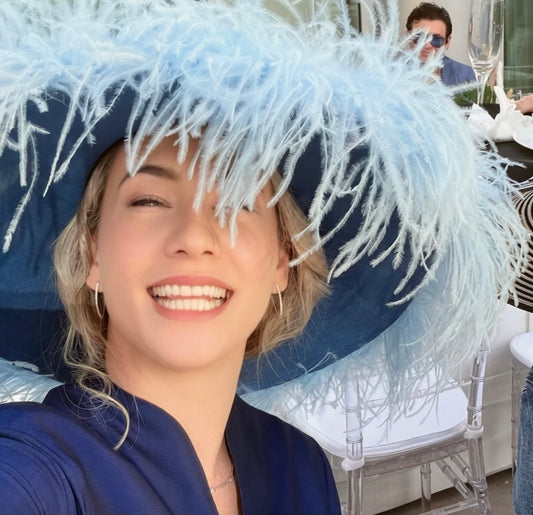 French Blue Pillbox with Wide Sweeping Brim with Baby Blue Ostrich Feather