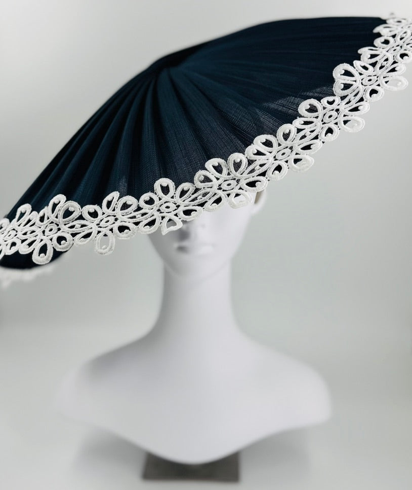 Navy Pleated Disk with White Lace