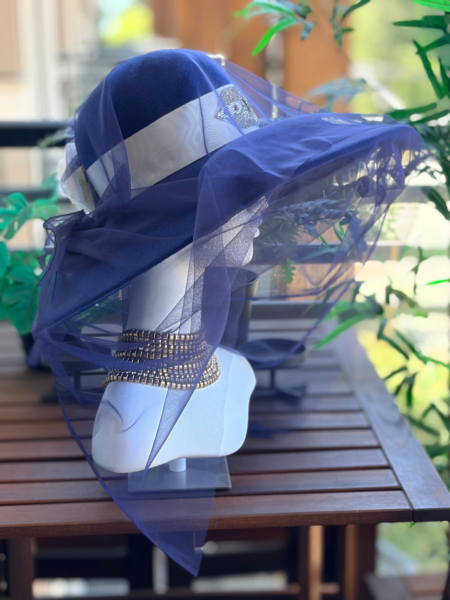 Royal Blue Merino Wide Brim with Removable French Tulle Veil