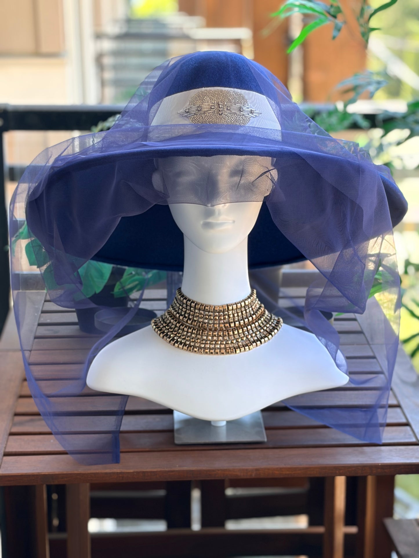 Royal Blue Merino Wide Brim with Removable French Tulle Veil
