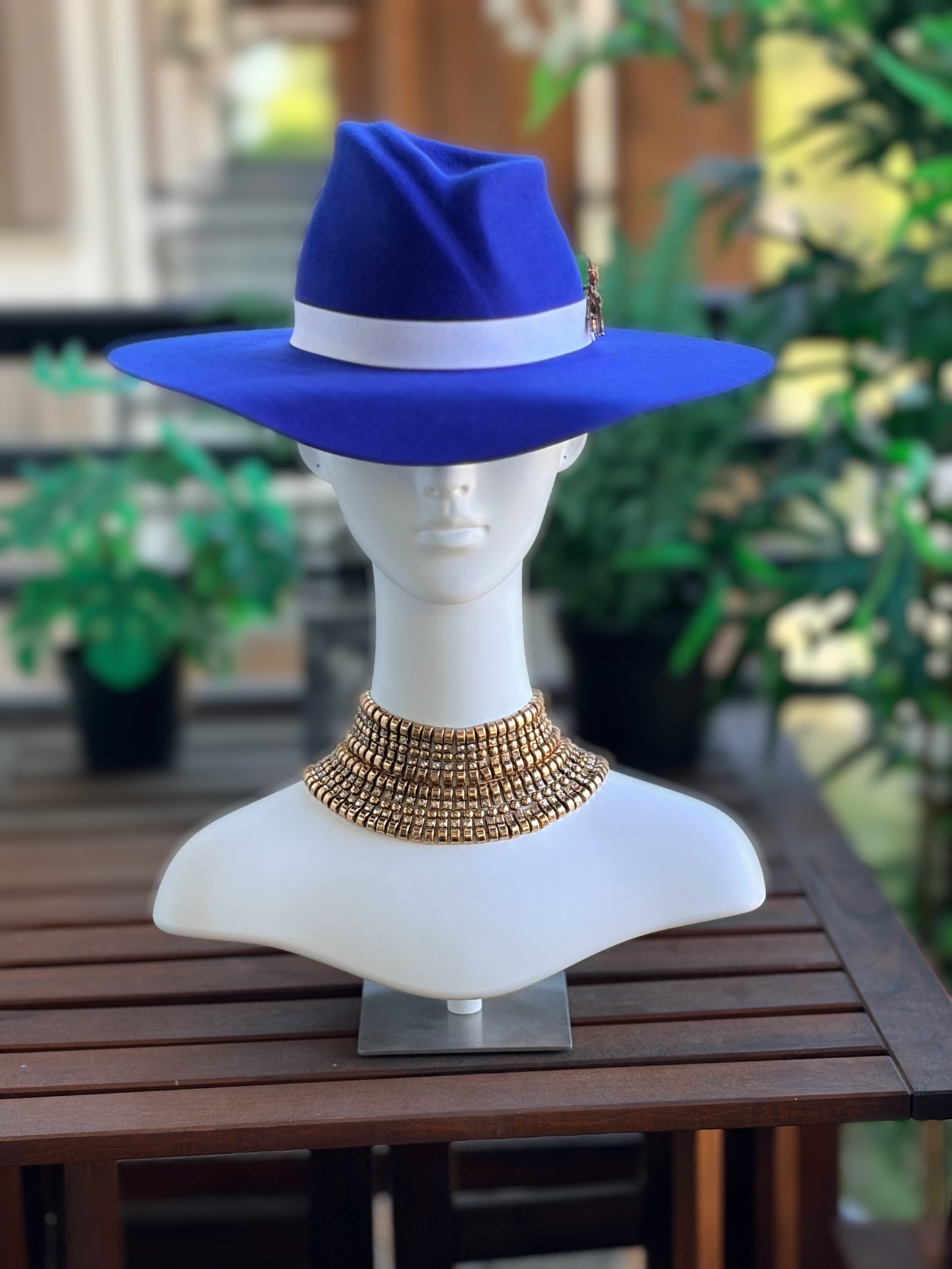 Royal Blue Wide Brim Felt Fedora with Bird of Paradise Brooch