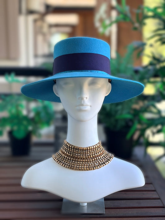 Cerulean Boater with Deep Navy Band