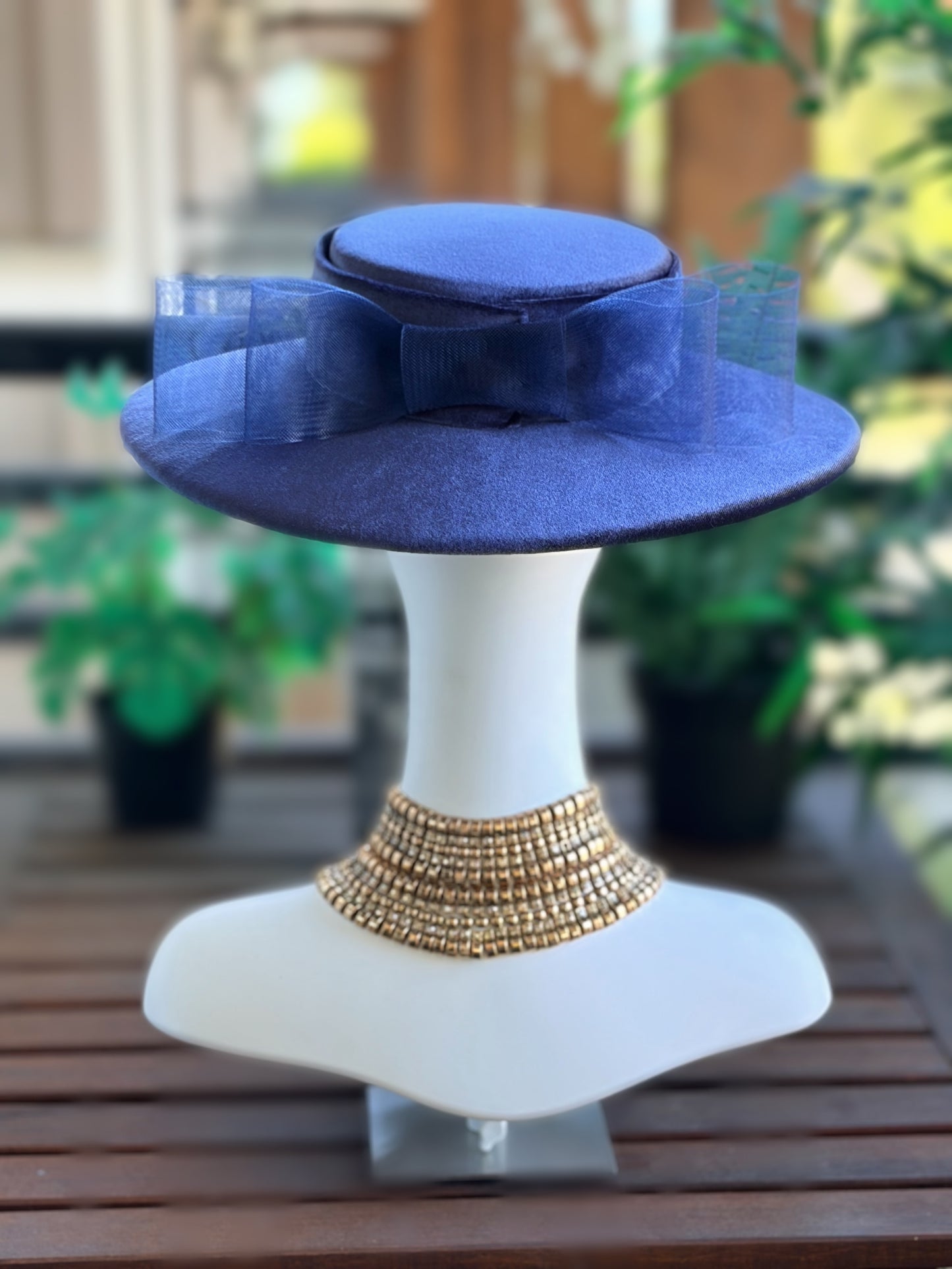 Hand Stitched Navy Velvet Boater with Crinoline Double Bow
