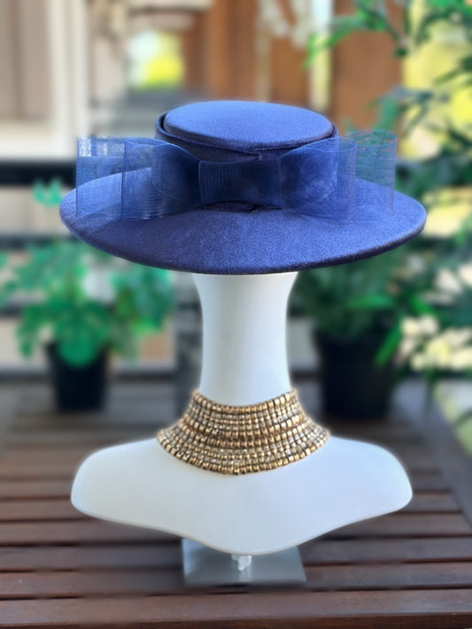 Hand Stitched Navy Velvet Boater with Crinoline Double Bow