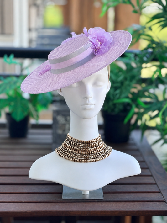 Lilac Sinamay Boater with Peony Trim