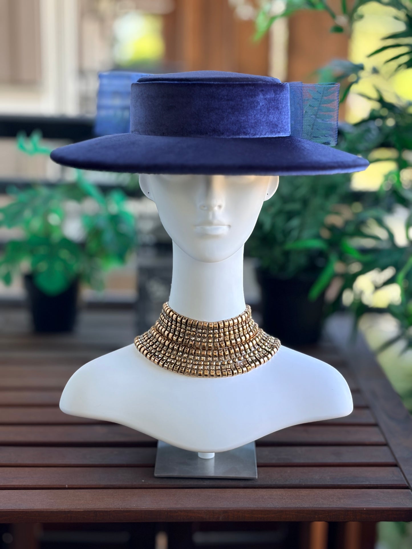 Hand Stitched Navy Velvet Boater with Crinoline Double Bow