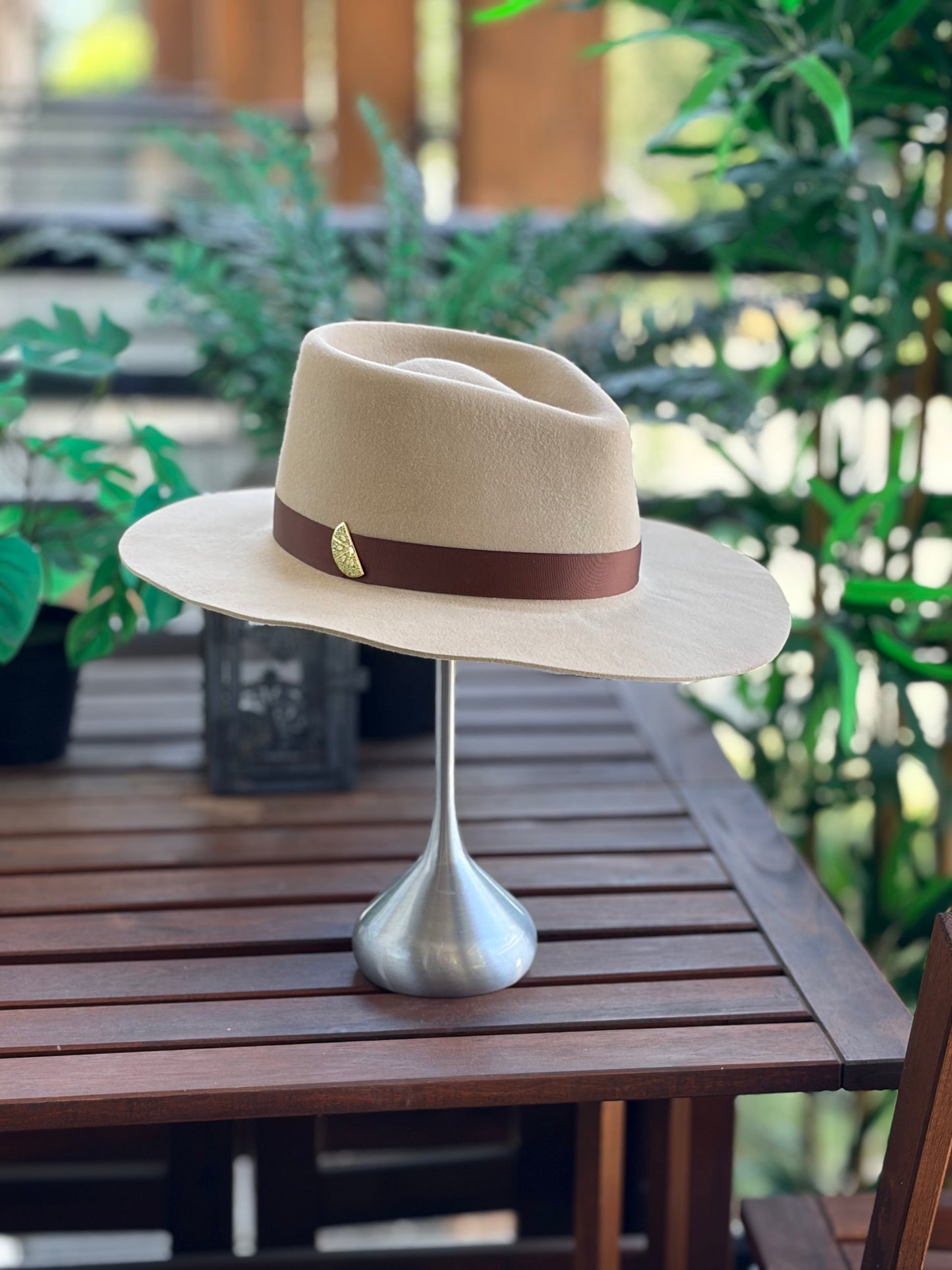 Stone Fur Felt Fedora with Cognac Band & Tiki Pin