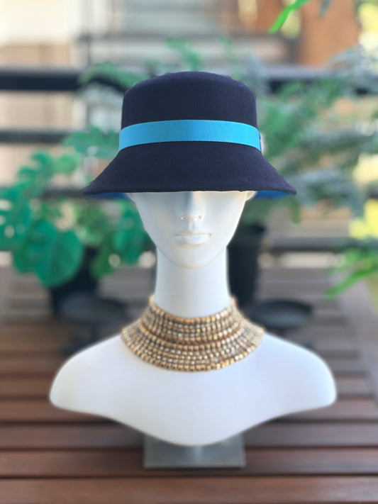 Navy Fur Cloche with Cornflower Band & Diamanté Pineapple Pin