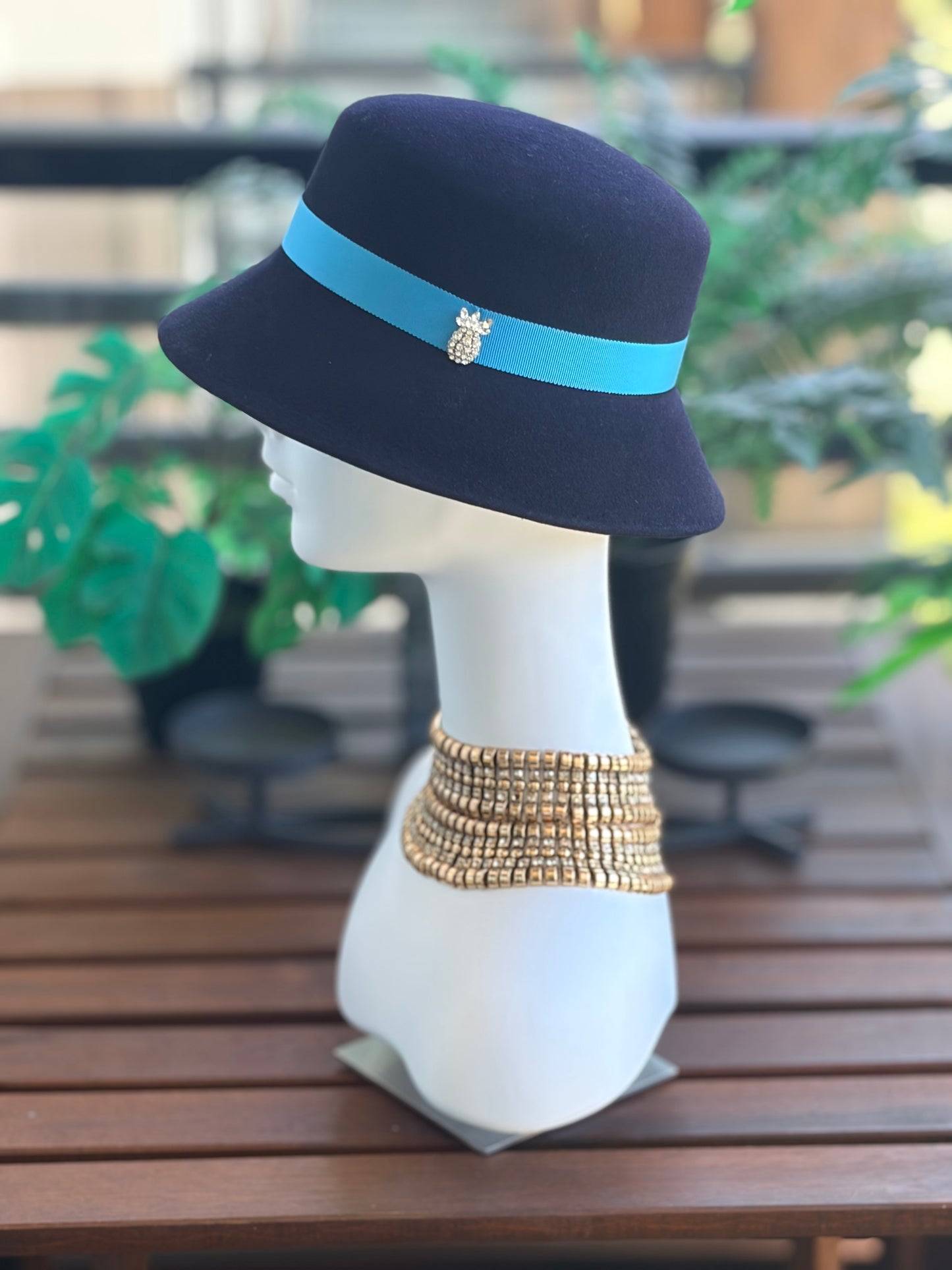 Navy Fur Cloche with Cornflower Band & Diamanté Pineapple Pin