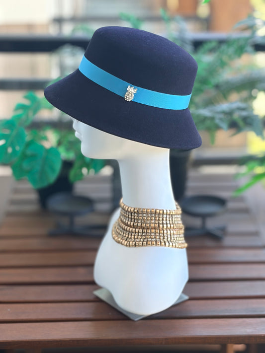 Navy Fur Cloche with Cornflower Band & Diamanté Pineapple Pin