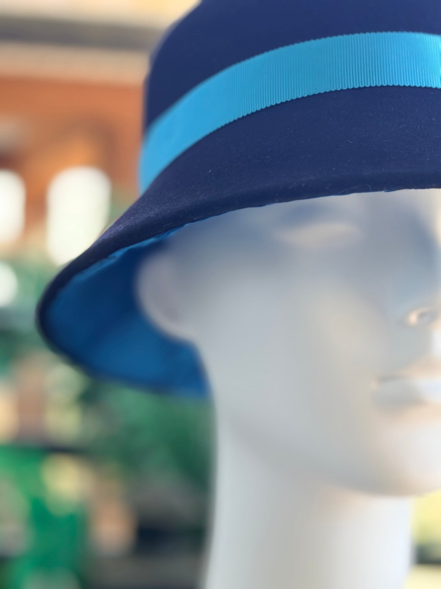 Navy Fur Cloche with Cornflower Band & Diamanté Pineapple Pin