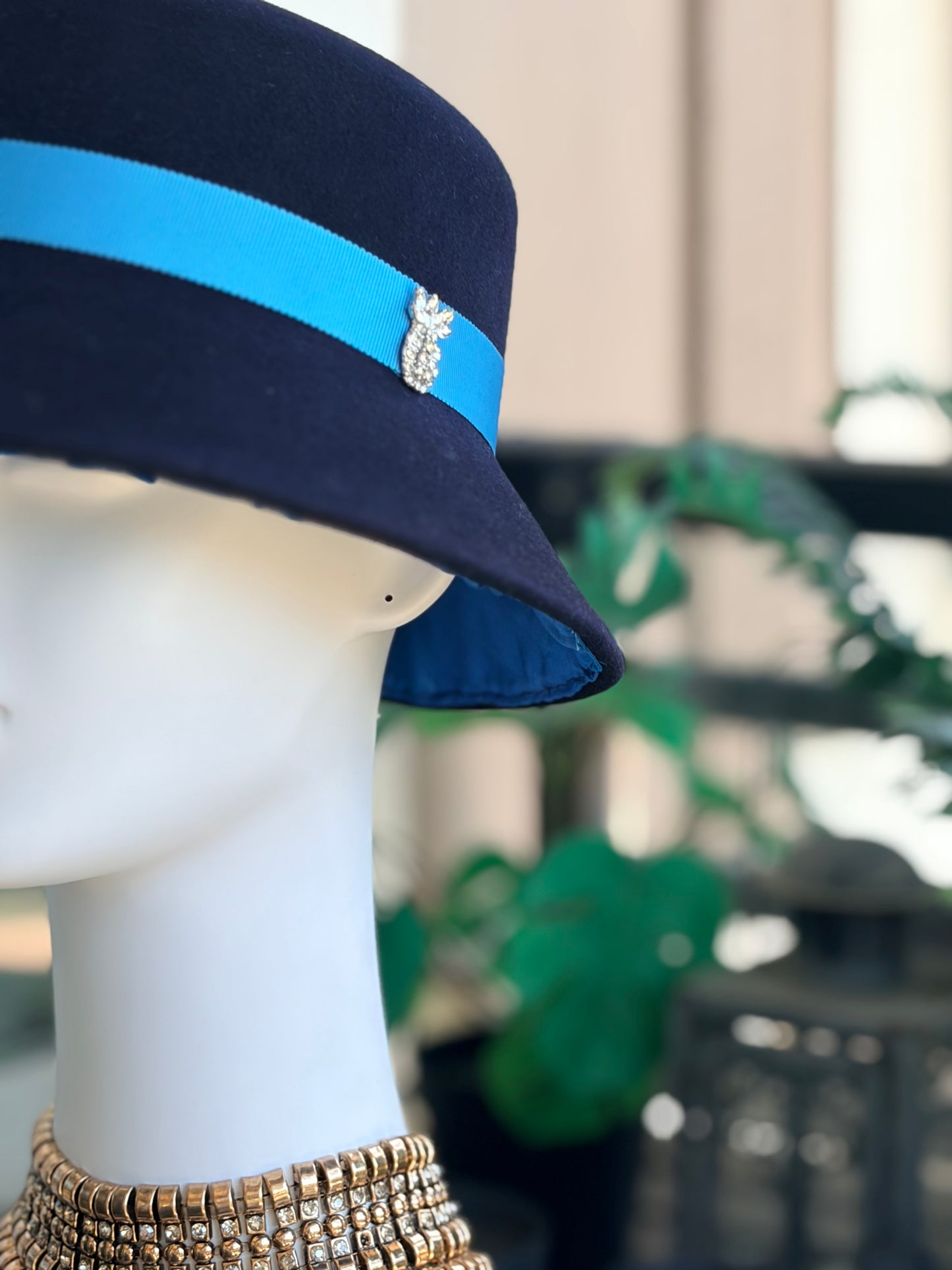 Navy Fur Cloche with Cornflower Band & Diamanté Pineapple Pin