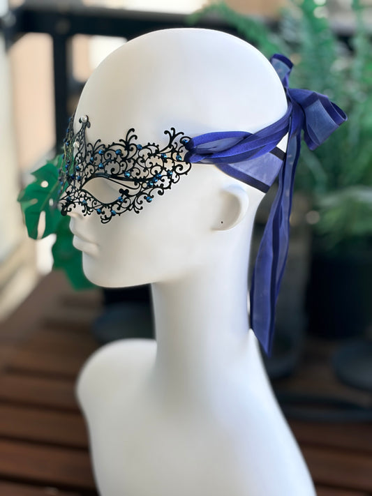 Black Filigree Masquerade Mask with Sapphire Diamanté & Navy Ribbon