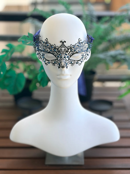 Black Filigree Masquerade Mask with Sapphire Diamanté & Navy Ribbon