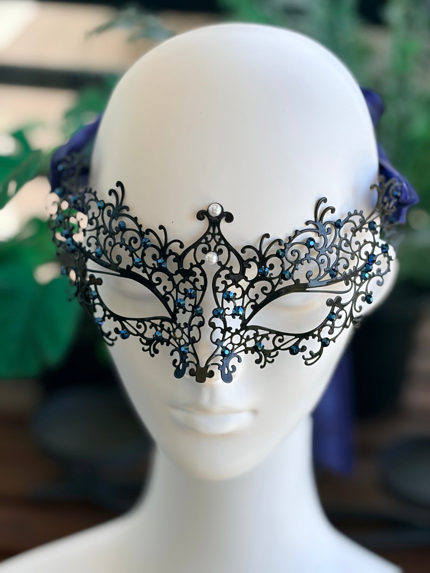 Black Filigree Masquerade Mask with Sapphire Diamanté & Navy Ribbon