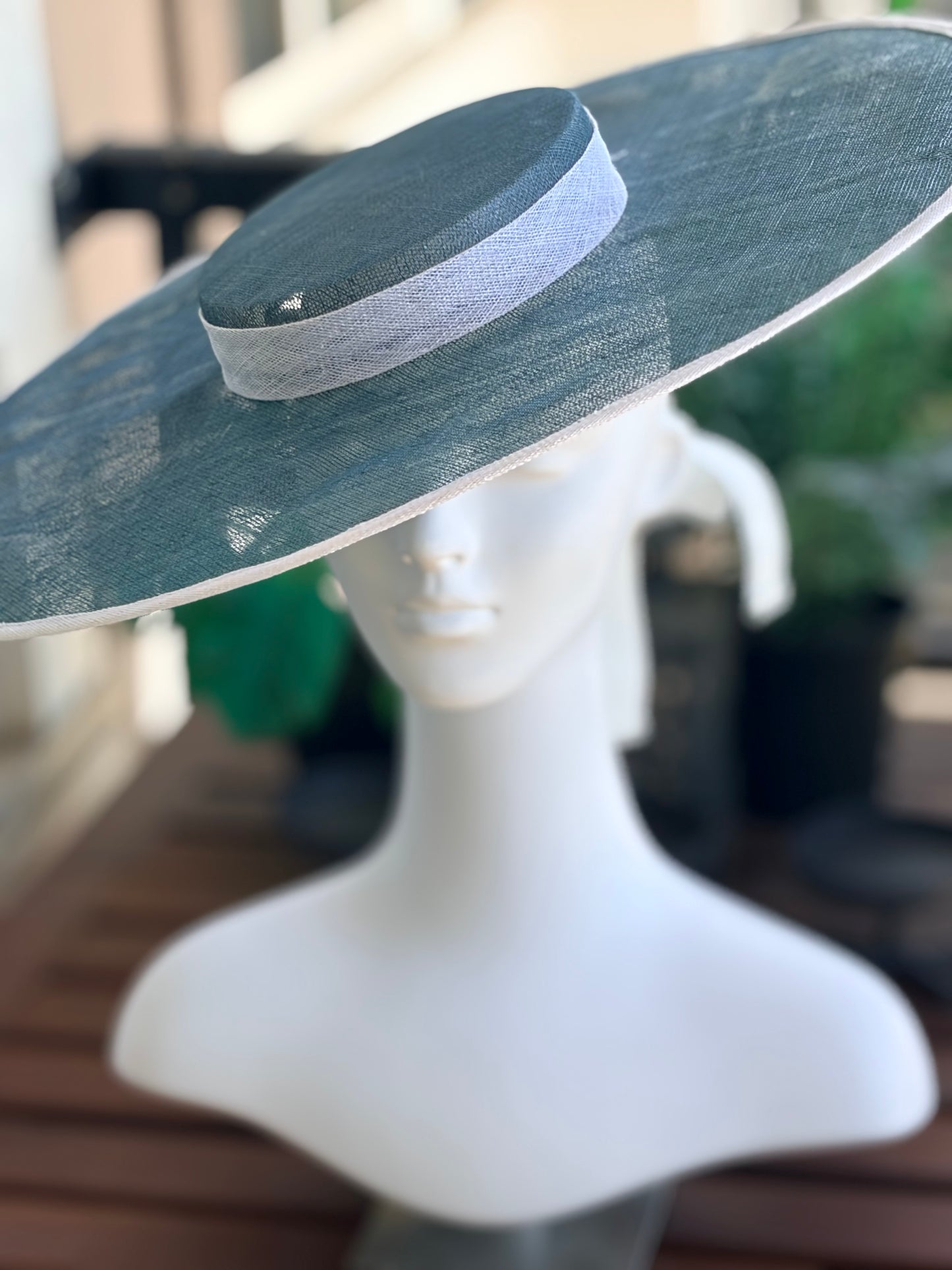 Slate Sinamay Boater with Ivory Edge & Ribbon Ties