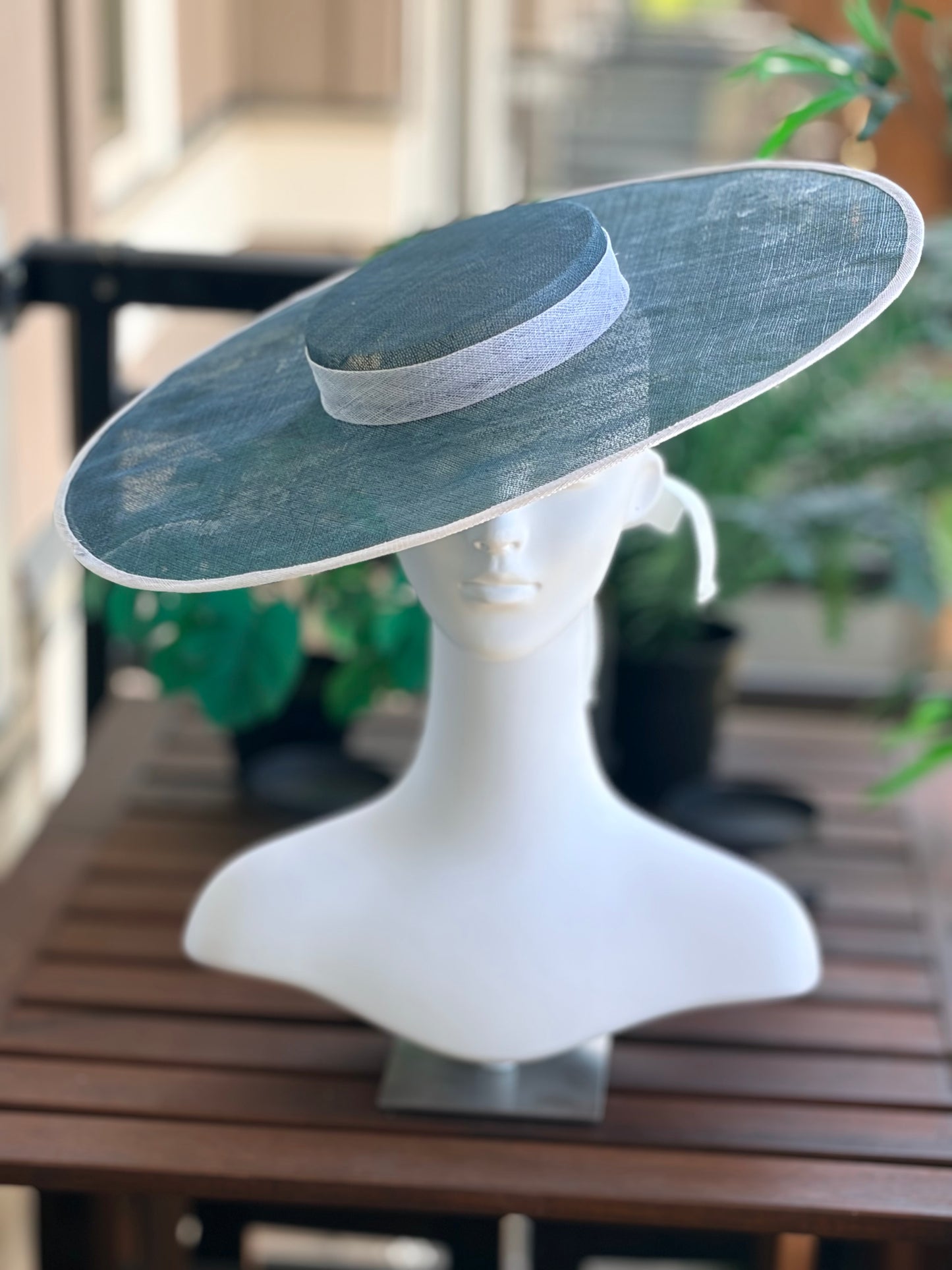 Slate Sinamay Boater with Ivory Edge & Ribbon Ties